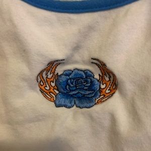 Small blue and white crop trop, embroidered flower